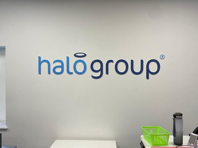 An image of the halo health interior signage on the wall.